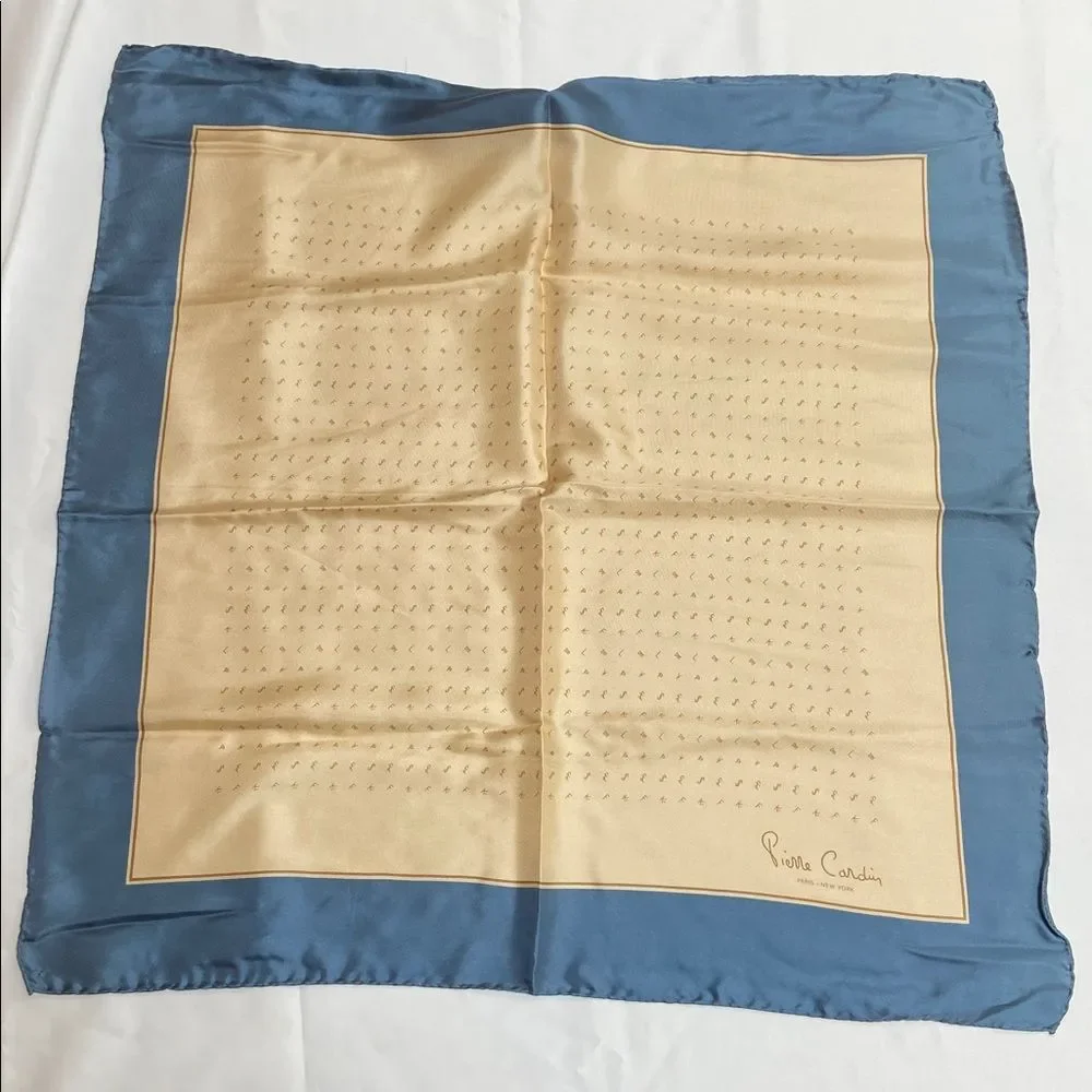 Vintage Pierre Cardin Cream and Blue Silk Pocket Square- New
